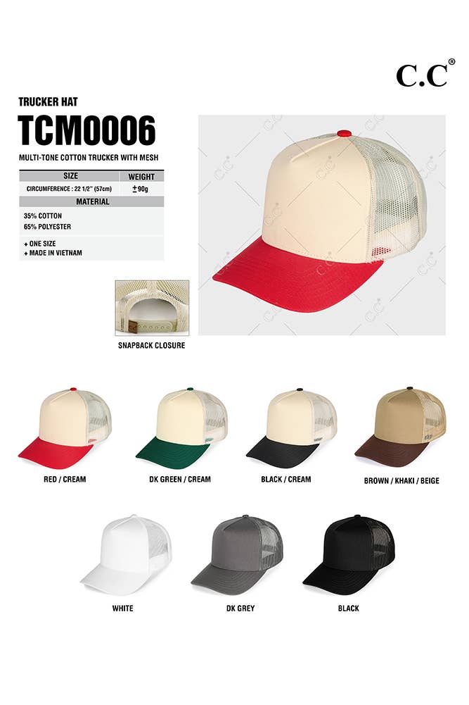 C.C Multi Color Cotton Mesh Back Snapback Trucker Cap